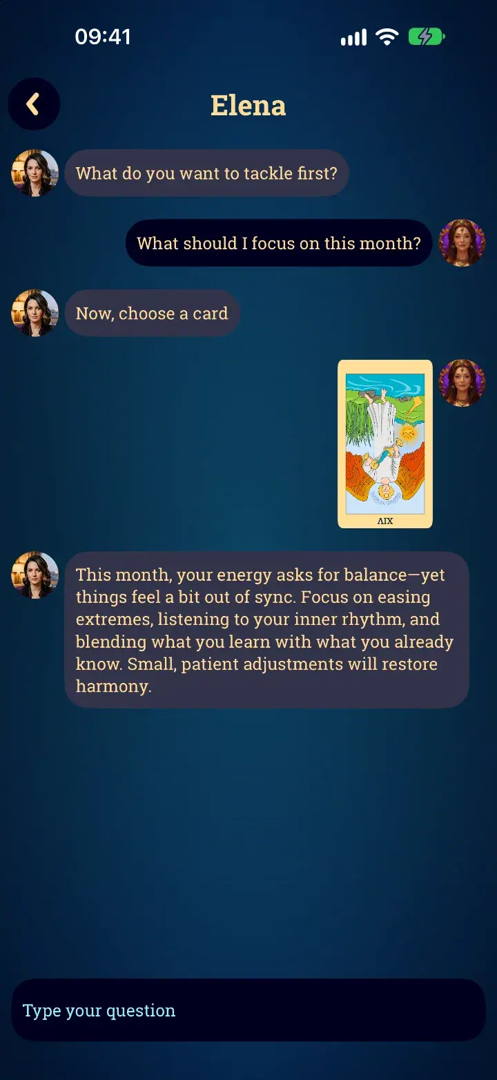 Chat with a reader screen in the Tarot Card Reading app