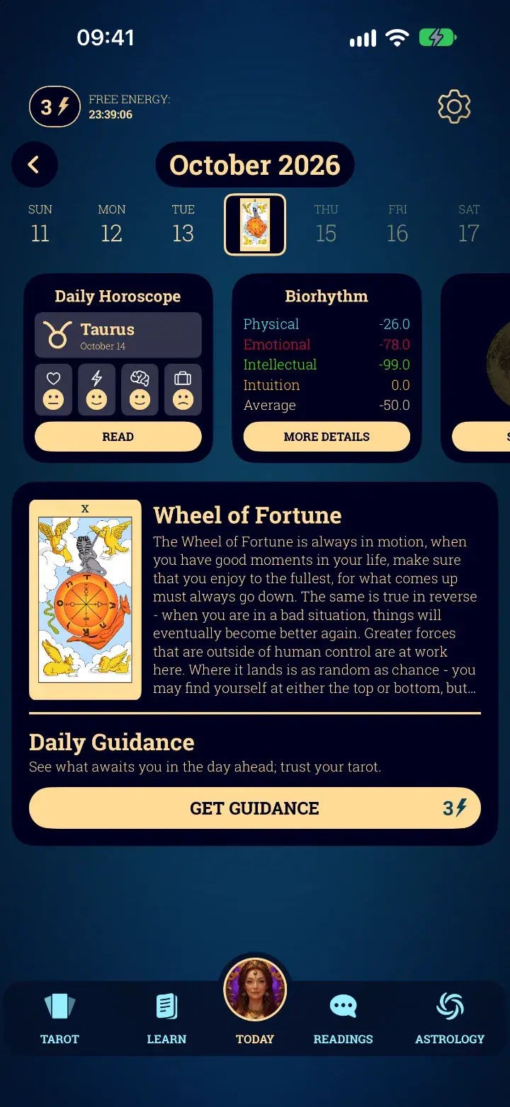 Daily card screen in the Tarot Card Reading app