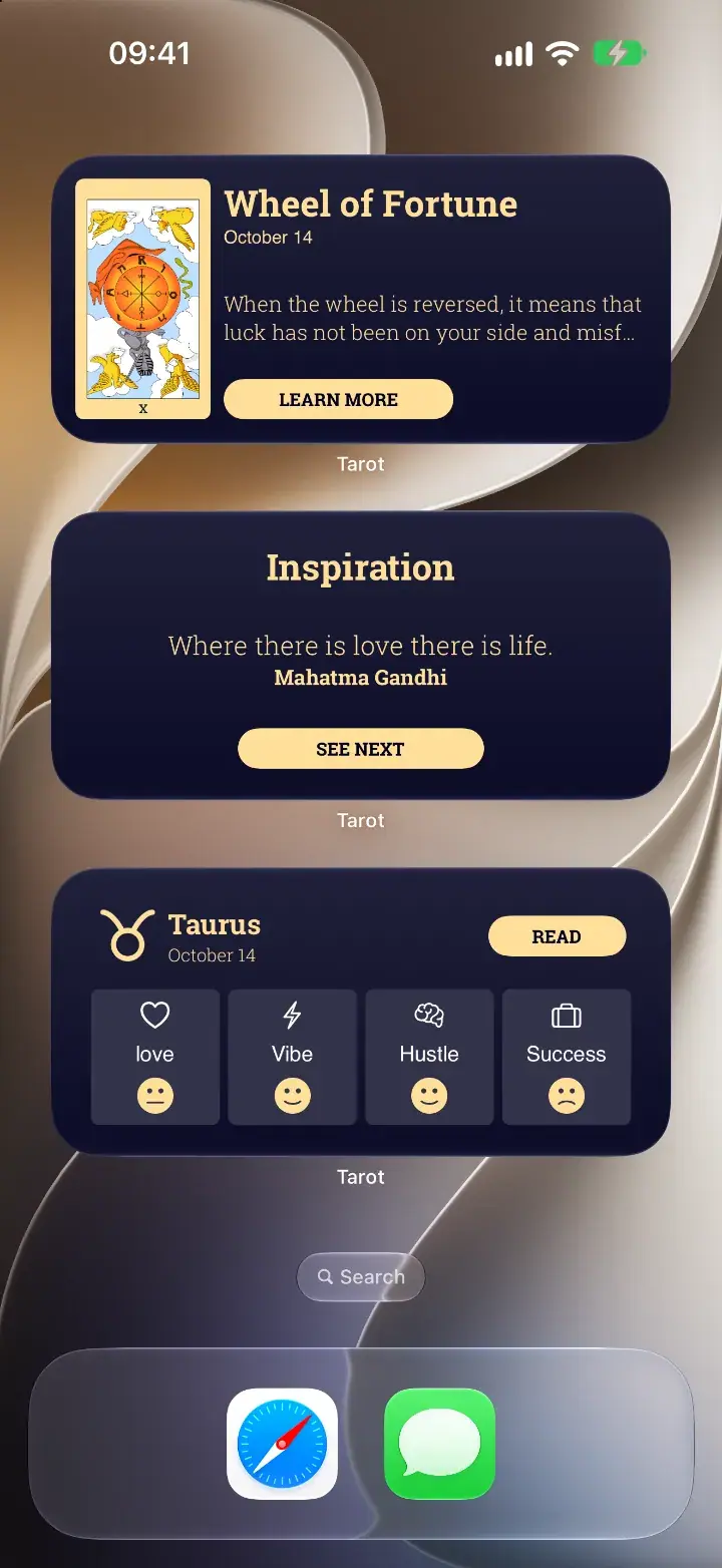 iPhone home screen with Daily Tarot, Motivation and Horoscope widgets