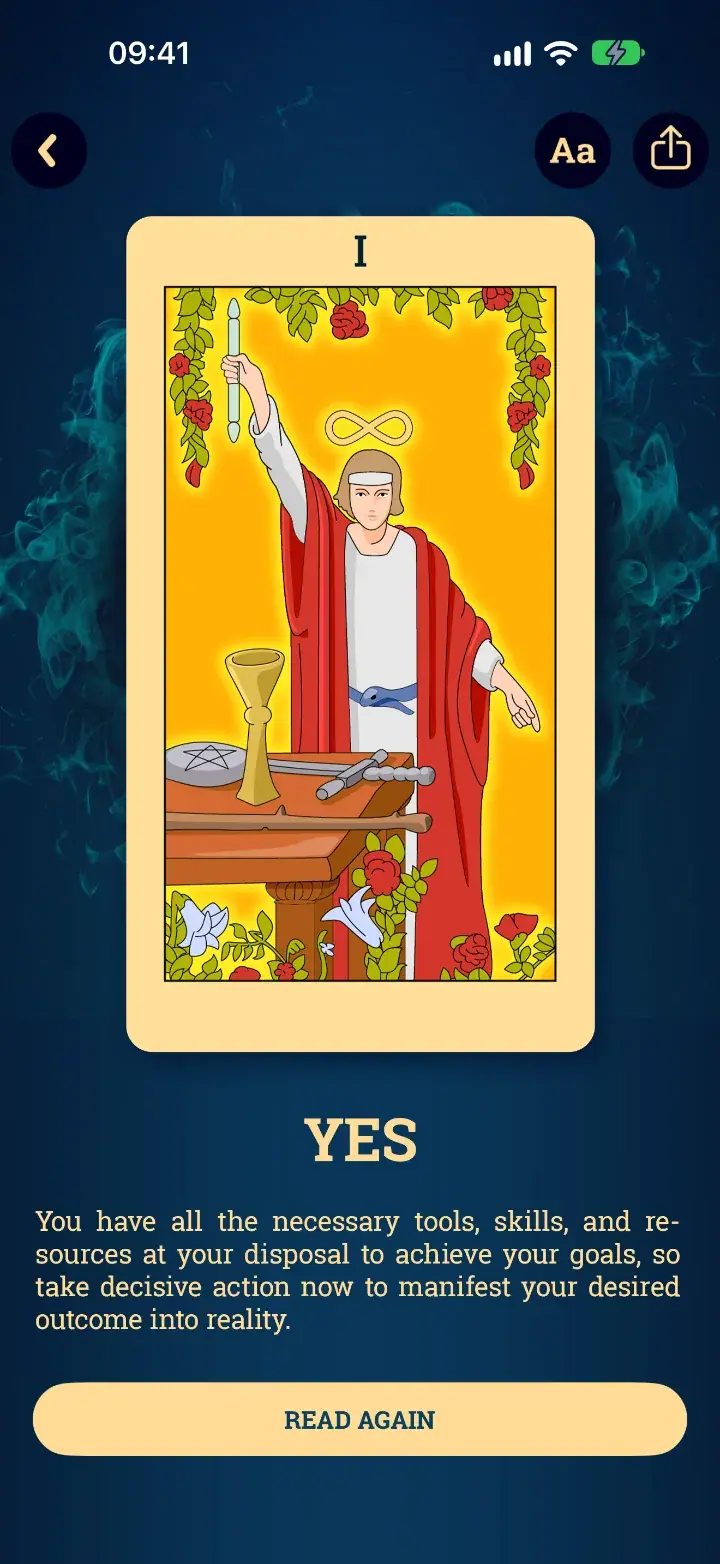 Yes/No tarot screen in the Tarot Card Reading app